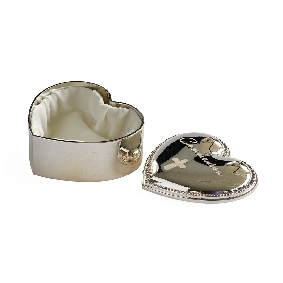 Open view of Caroline Collection First Communion Heart Keepsake Box showing the cream-lined interior and engraved heart-shaped lid placed beside the box