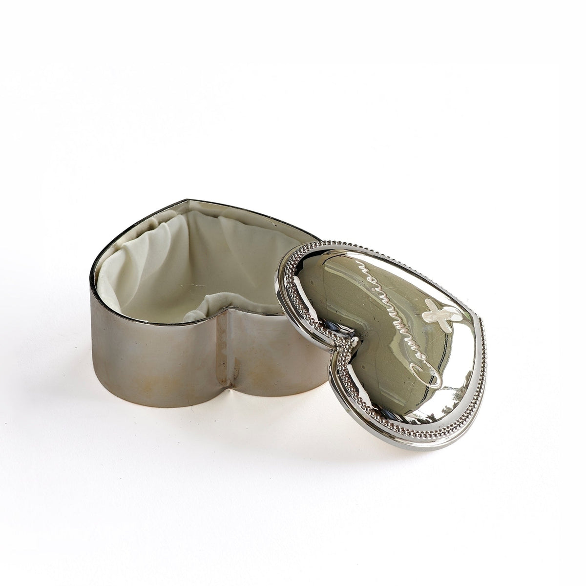 Side angled view of Caroline Collection First Communion Heart Keepsake Box showing the heart-shaped form, polished silver-tone finish, and removable lid
