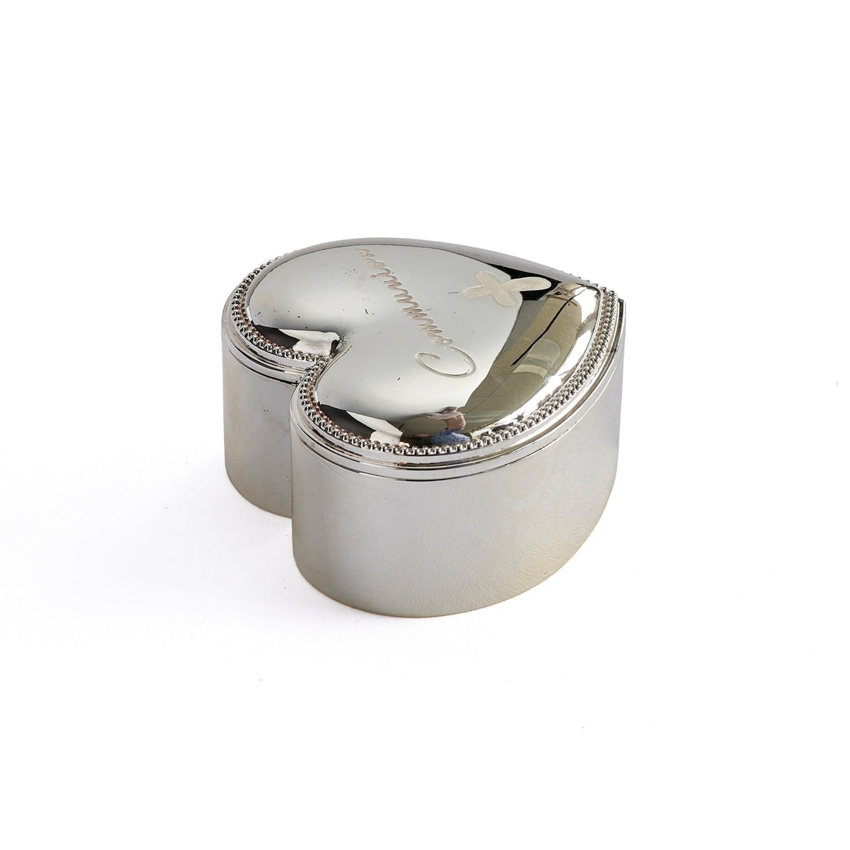 Closed view of Caroline Collection First Communion Heart Keepsake Box showing the compact heart shape and polished silver-tone exterior