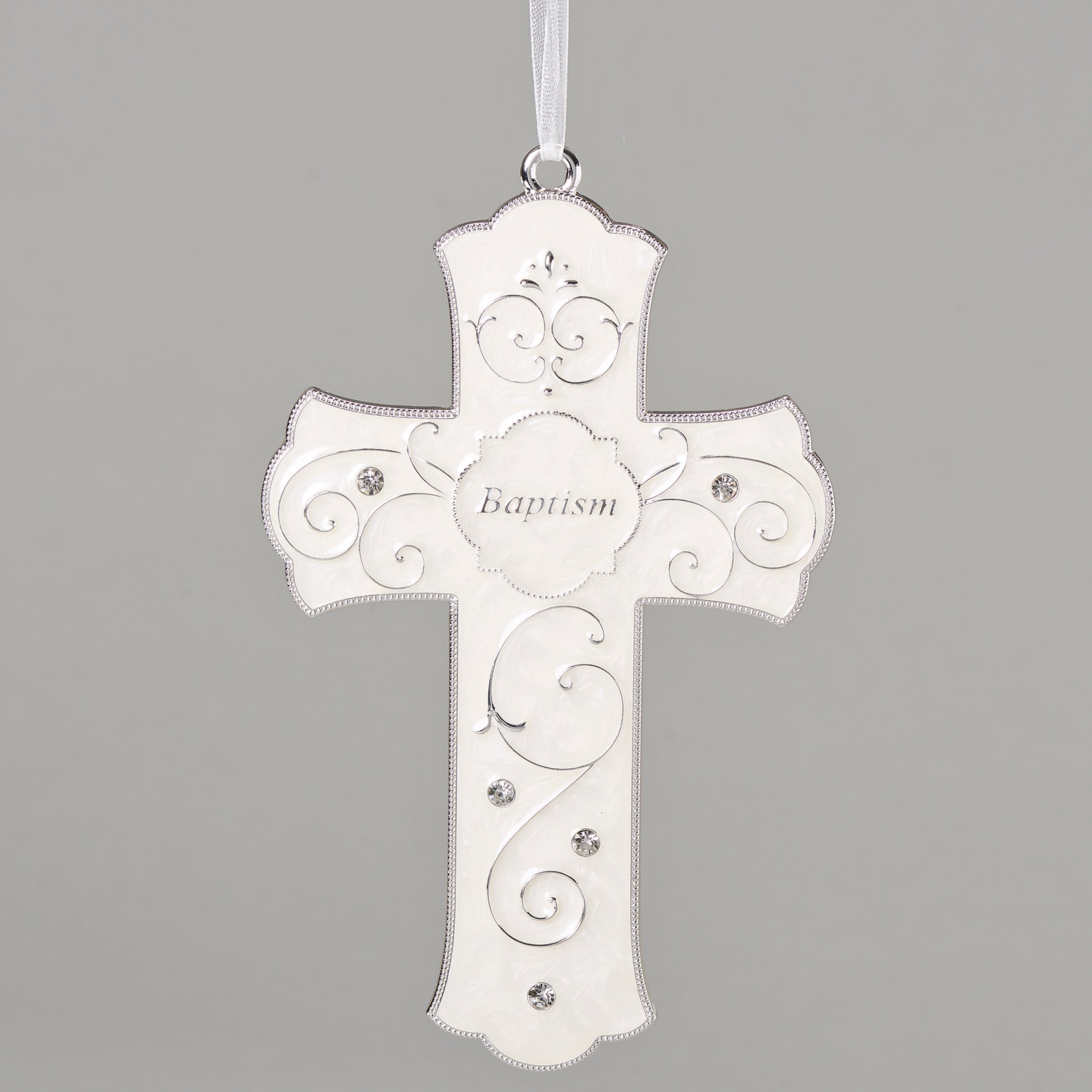 Caroline Collection Baptism Cross with Pearlescent Scrollwork