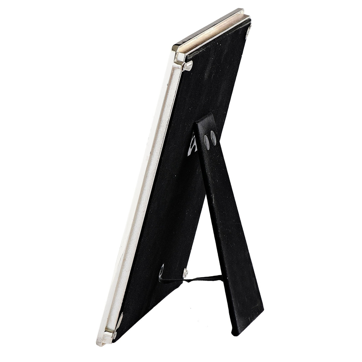 Side view of Caroline Collection First Communion picture frame showing the slim metal frame and open tabletop easel stand