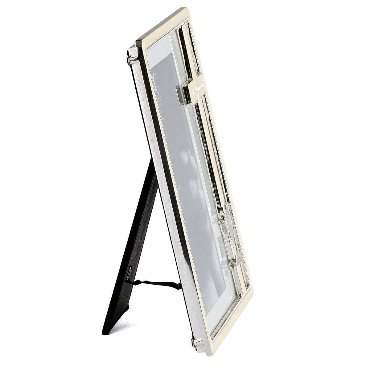 Opposite side view of Caroline Collection First Communion picture frame showing the frame depth, raised cross detail, and tabletop stand