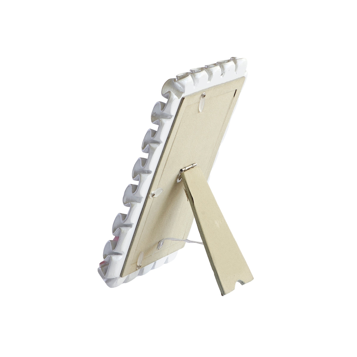 White ruffle ballet 4 x 6 picture frame with easel stand, angled side view