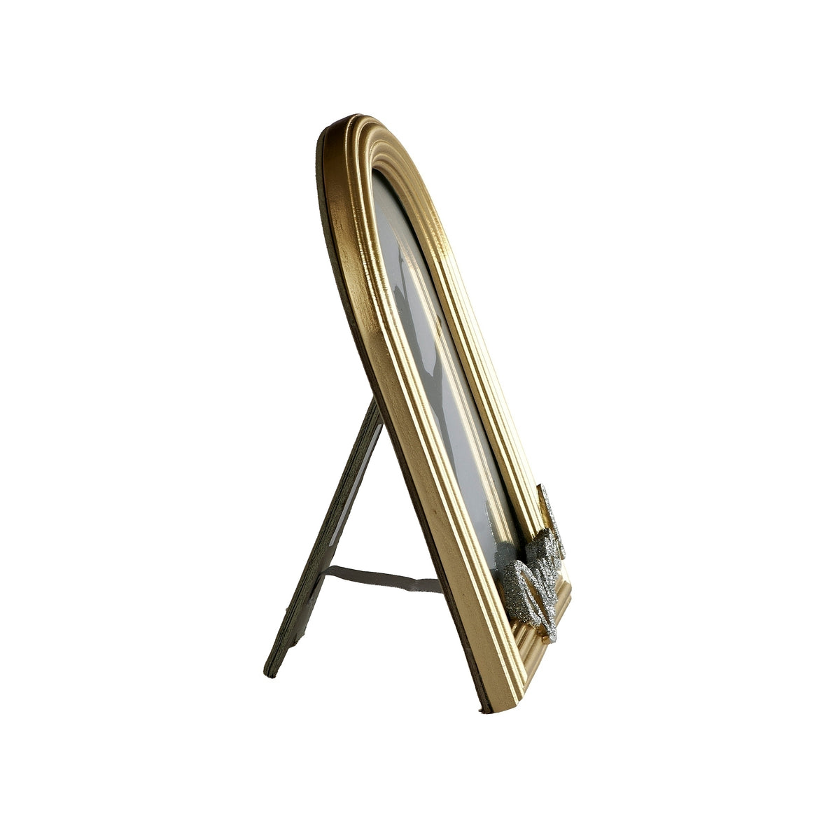 Gold arch ballet dance picture frame with easel stand, angled side view