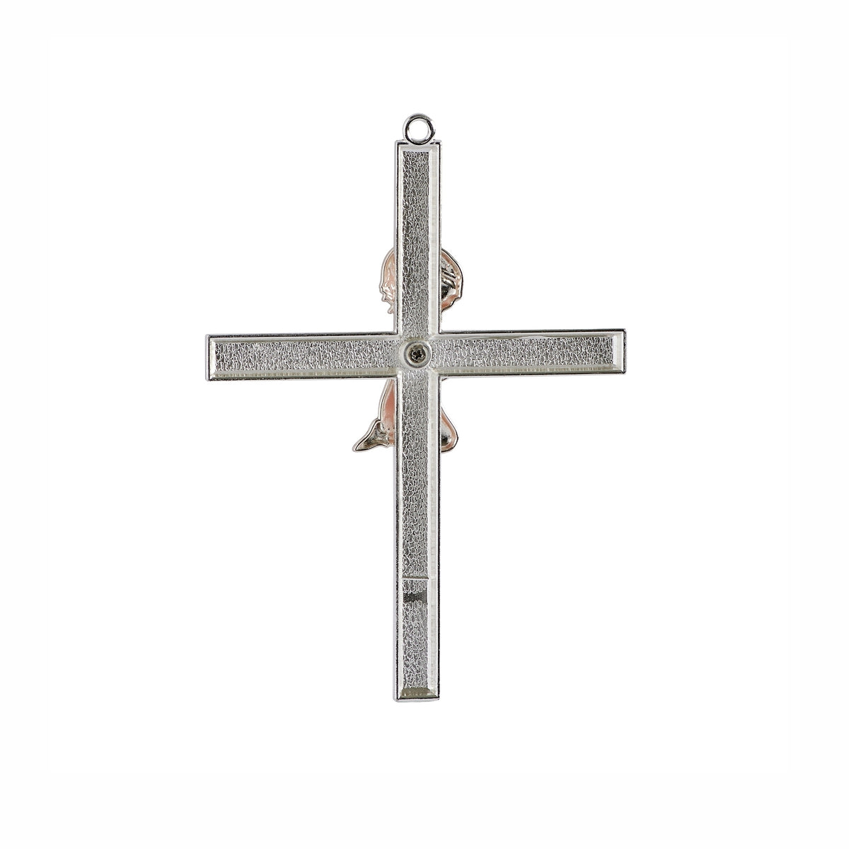 Back view of pink Caroline Collection Praying Child Metal Cross showing the plain silver-tone reverse and hanging loop