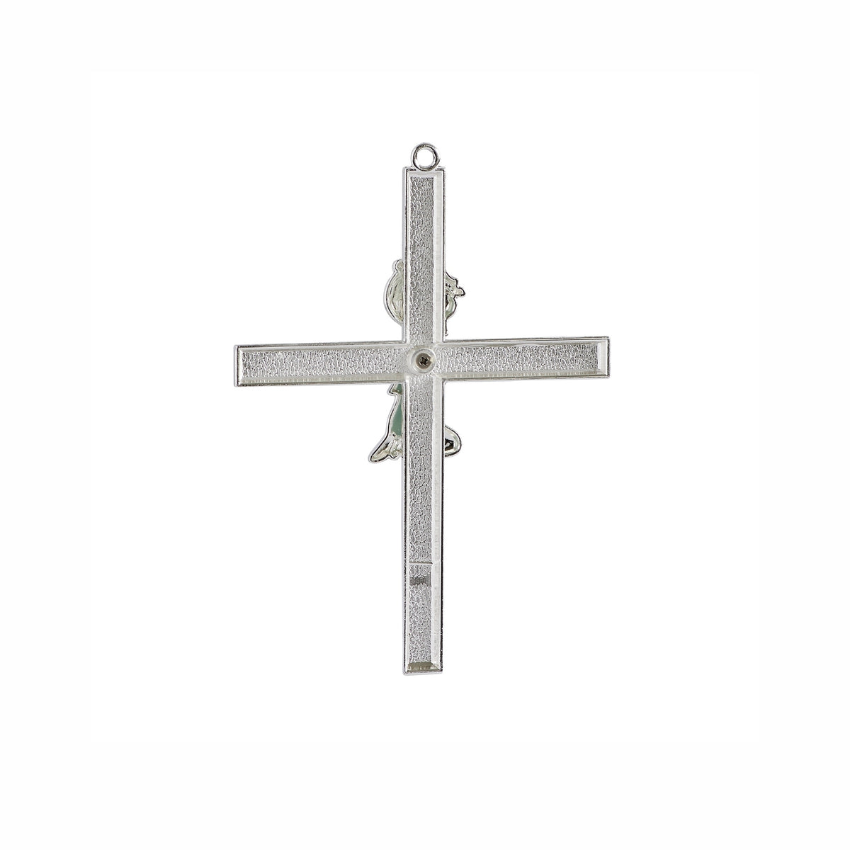 Back view of blue Caroline Collection Praying Child Metal Cross showing the plain silver-tone reverse and hanging loop