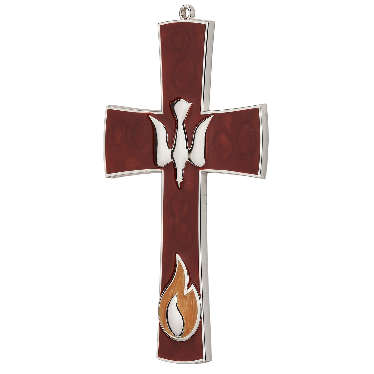 Front view of Caroline Collection Confirmation Crimson Red Wall Cross showing the white dove, red enamel cross, flame detail, and hanging ribbon