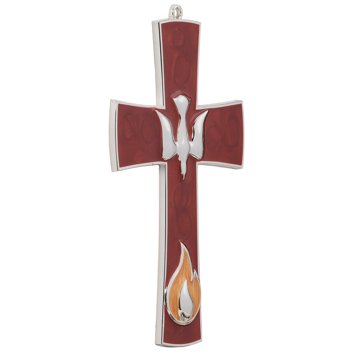 Alternate front view of Caroline Collection Confirmation Crimson Red Wall Cross highlighting the dove, flame symbol, red decorative finish, and white ribbon