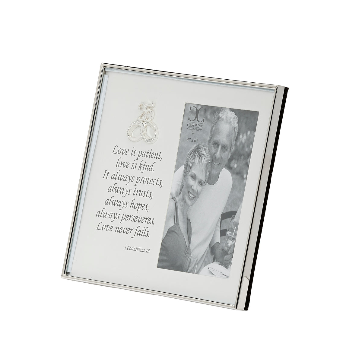Angled front view of 25th anniversary frame showing the silver-toned emblem and verse beside the portrait opening.