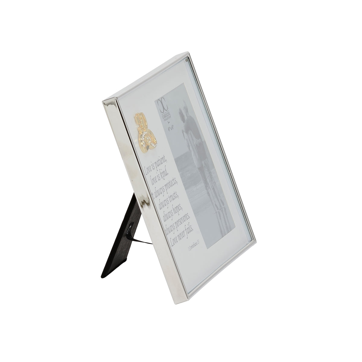 Side view of anniversary frame showing its slim silver-toned border and extended black easel stand.