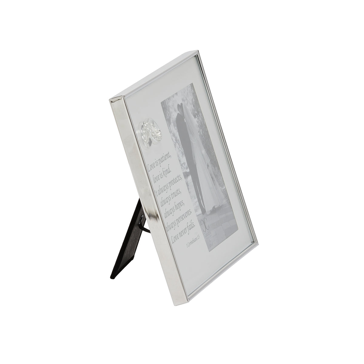 Side view of wedding picture frame showing its slim border and extended black easel stand.