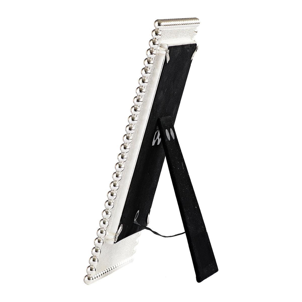 Rear angled view of Caroline Collection Baptism Silver Jeweled Picture Frame showing the silver-tone frame edge and black fold-out easel stand