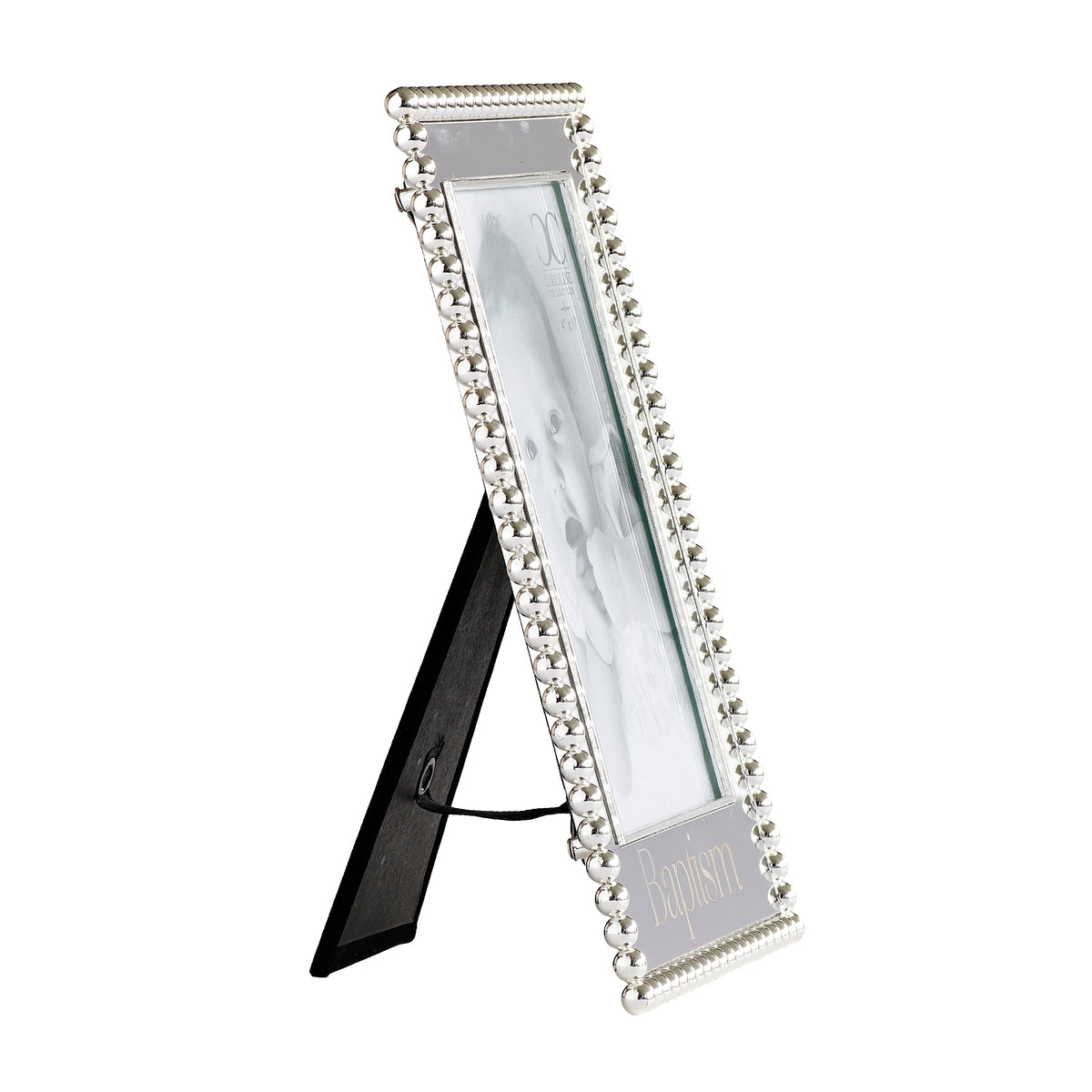 Side view of Caroline Collection Baptism Silver Jeweled Picture Frame showing the slim frame profile and open tabletop easel stand