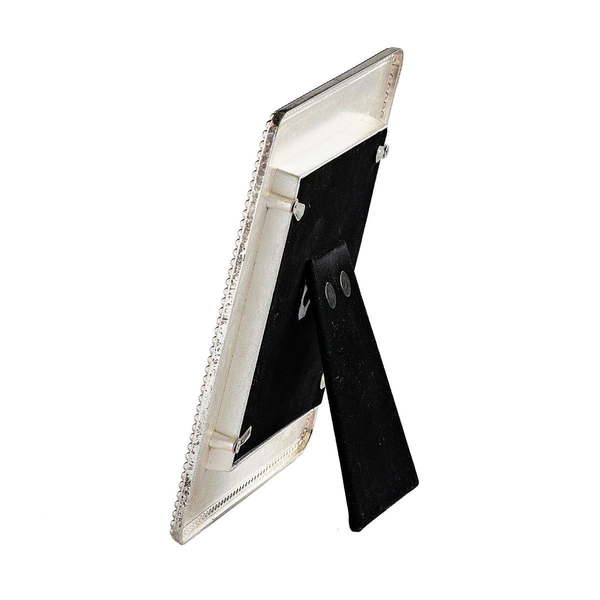 Rear angled view of Caroline Collection Beaded Trim Square Picture Frame showing the slim frame profile and black fold-out tabletop easel stand