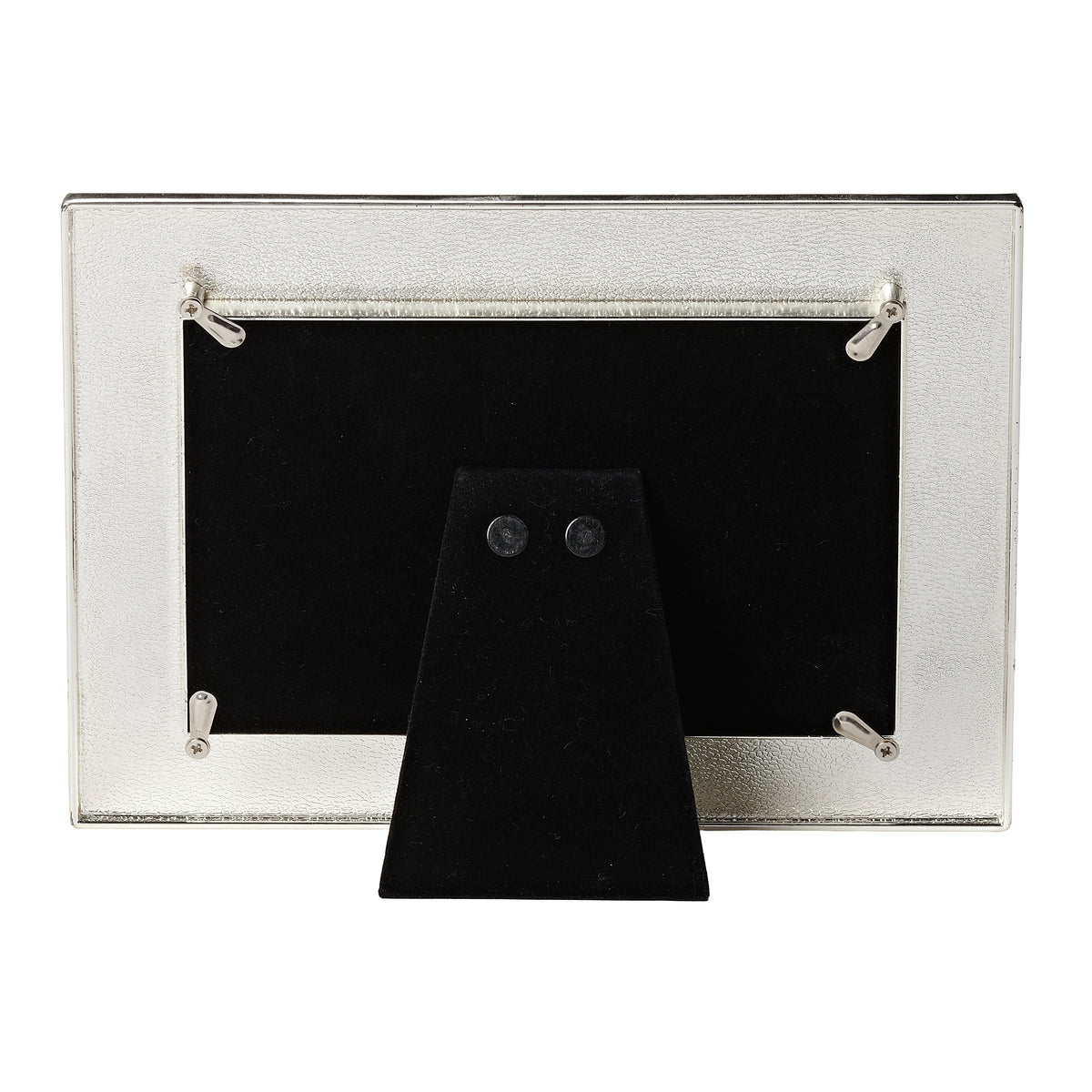 Rear view of anniversary frame showing the black backing, retaining tabs, and fold-out stand.