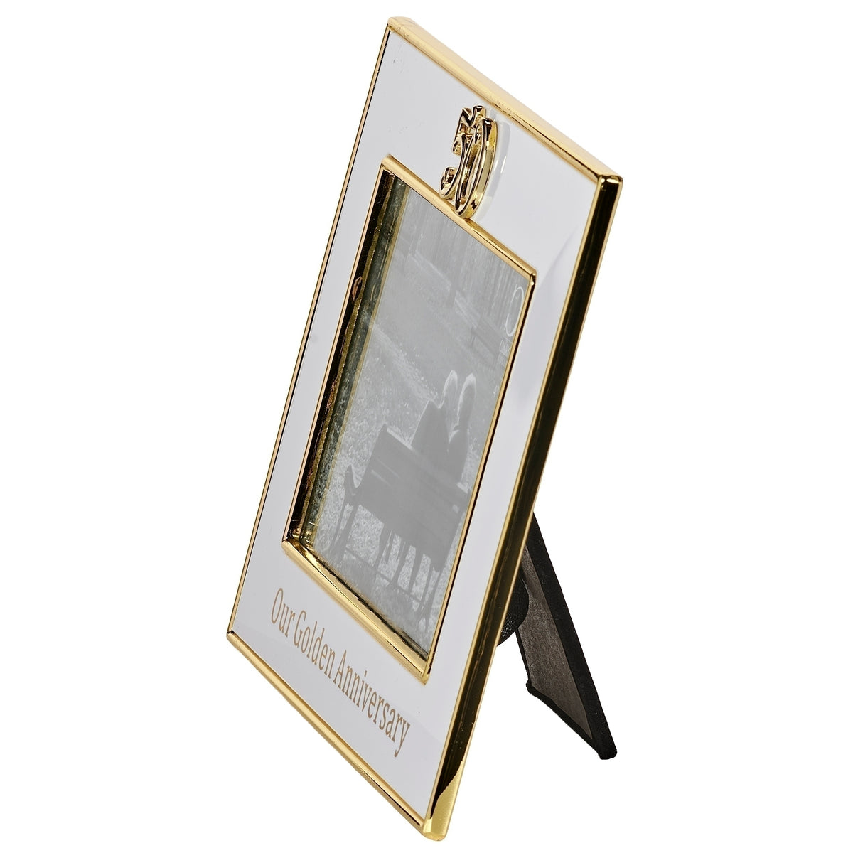 Angled front view of 50th anniversary frame showing its gold-toned border and extended black easel stand.