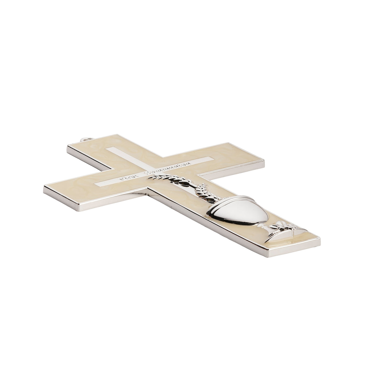 Angled view of Caroline Collection First Communion Wall Cross showing the slim metal profile, pearl finish, and decorative Communion details