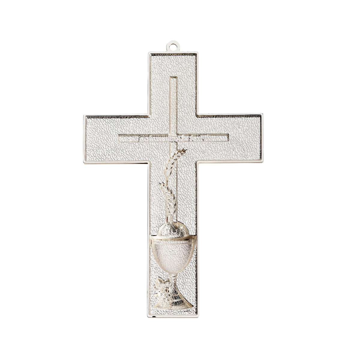 Front view of Caroline Collection First Communion Wall Cross showing the pearl-white cross, silver-tone chalice emblem, and First Communion inscription