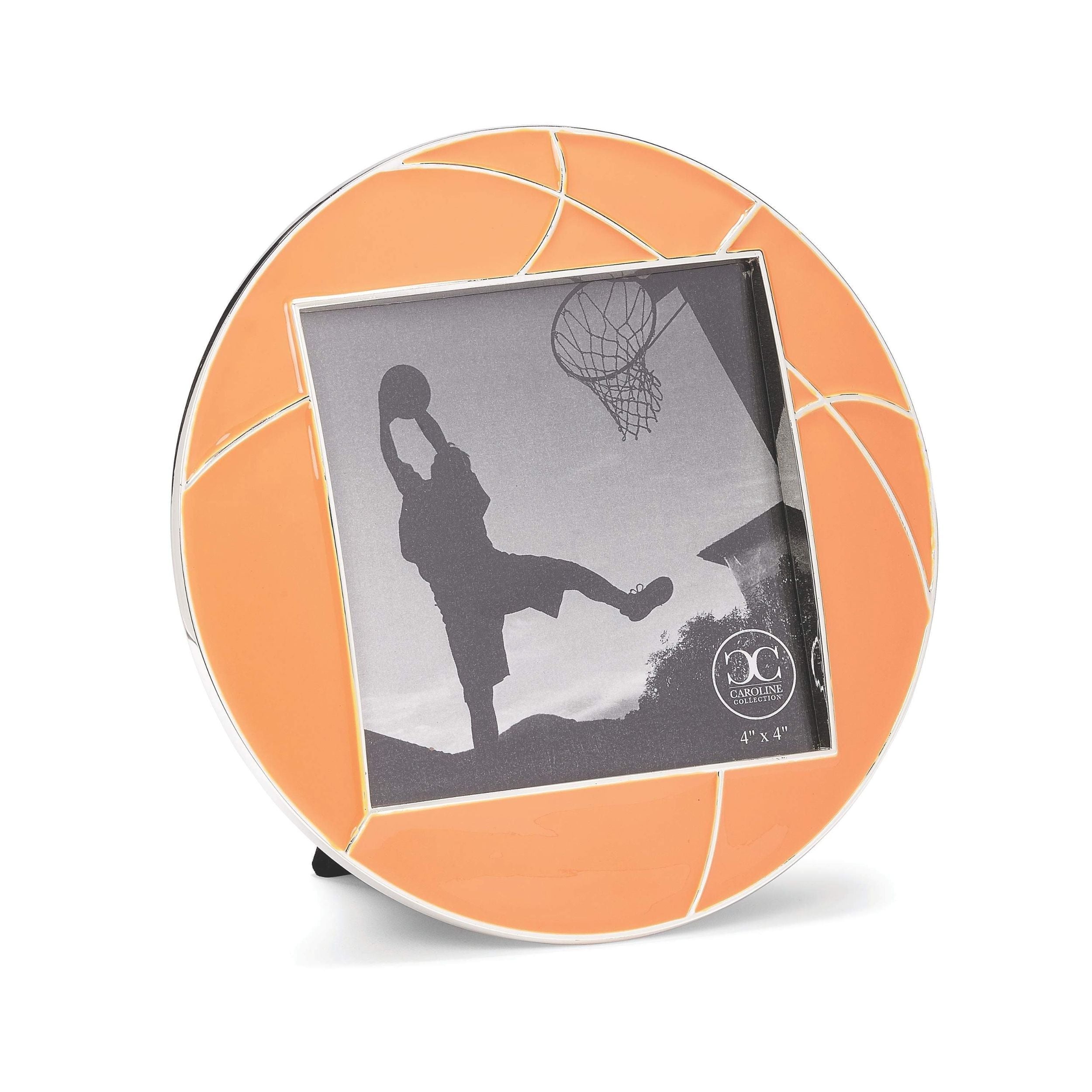 Basketball-shaped photo frame with a picture of a person playing basketball.