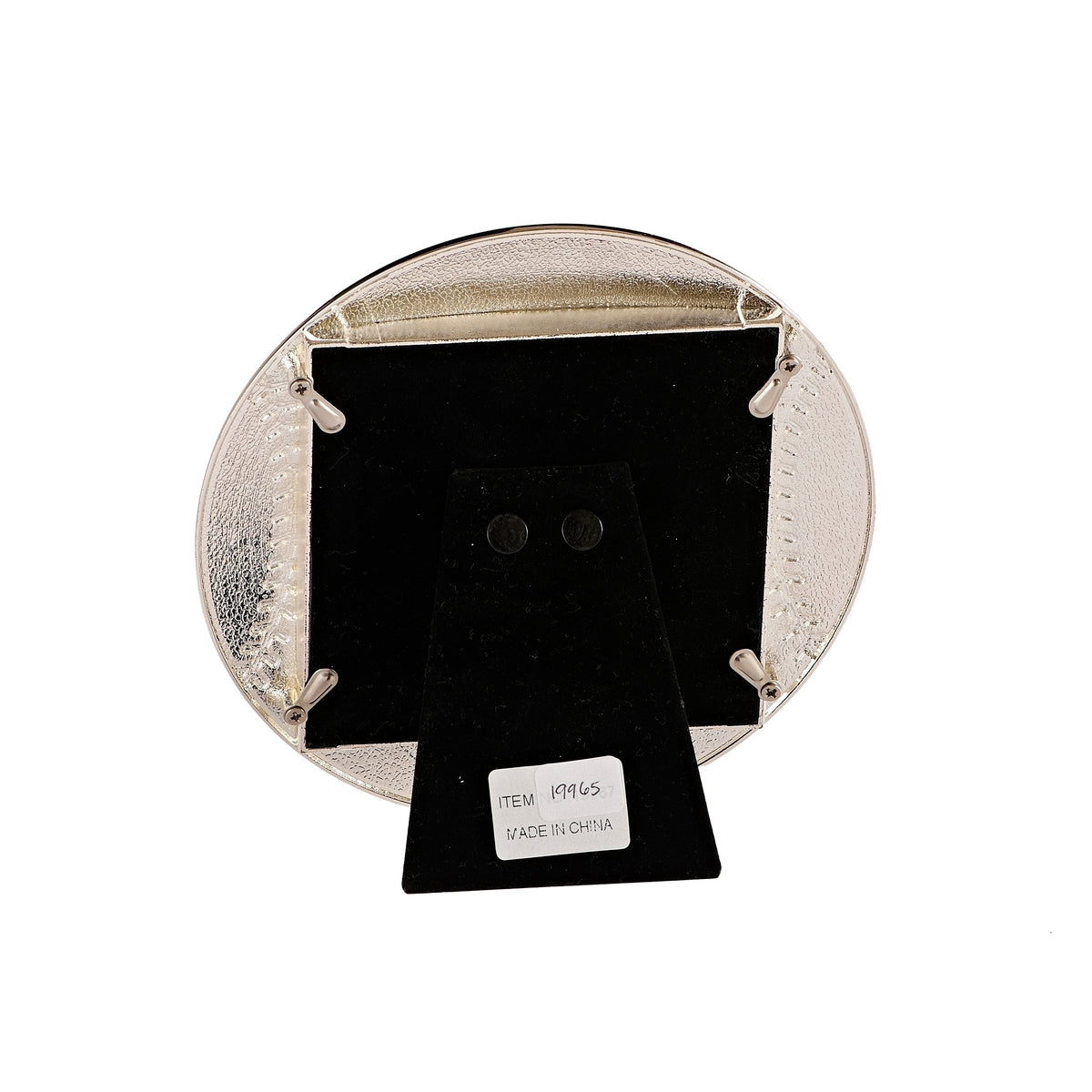 Baseball-shaped picture frame back view with easel stand
