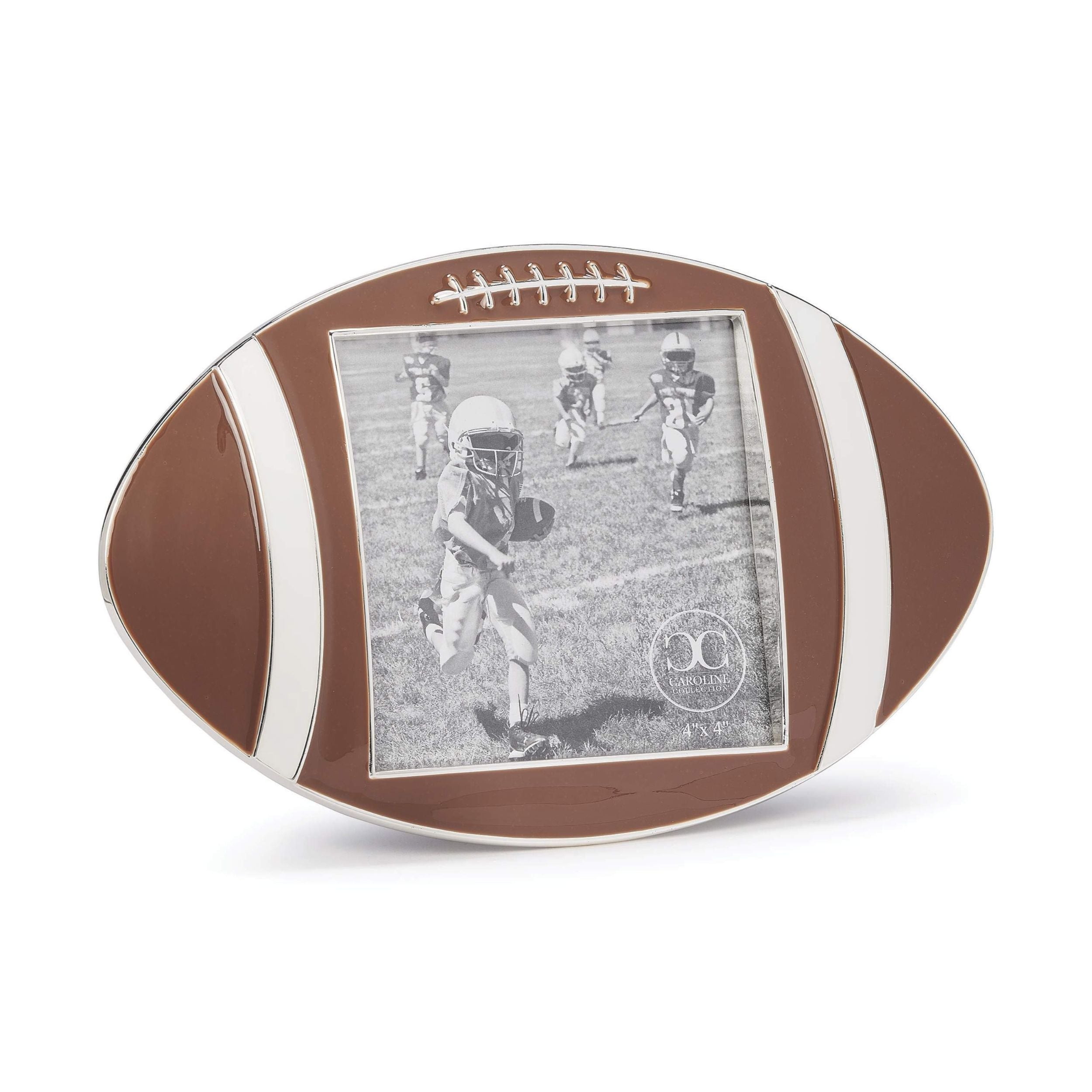 Football-shaped picture frame with a photo of a football player on a white background