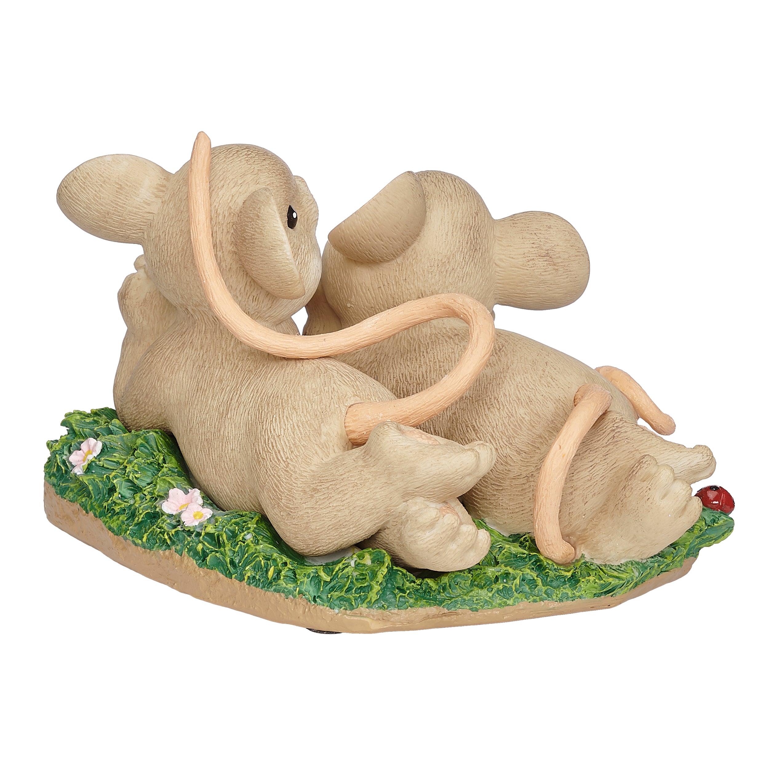 Decorative figurine of two mice on a base with grass and flowers