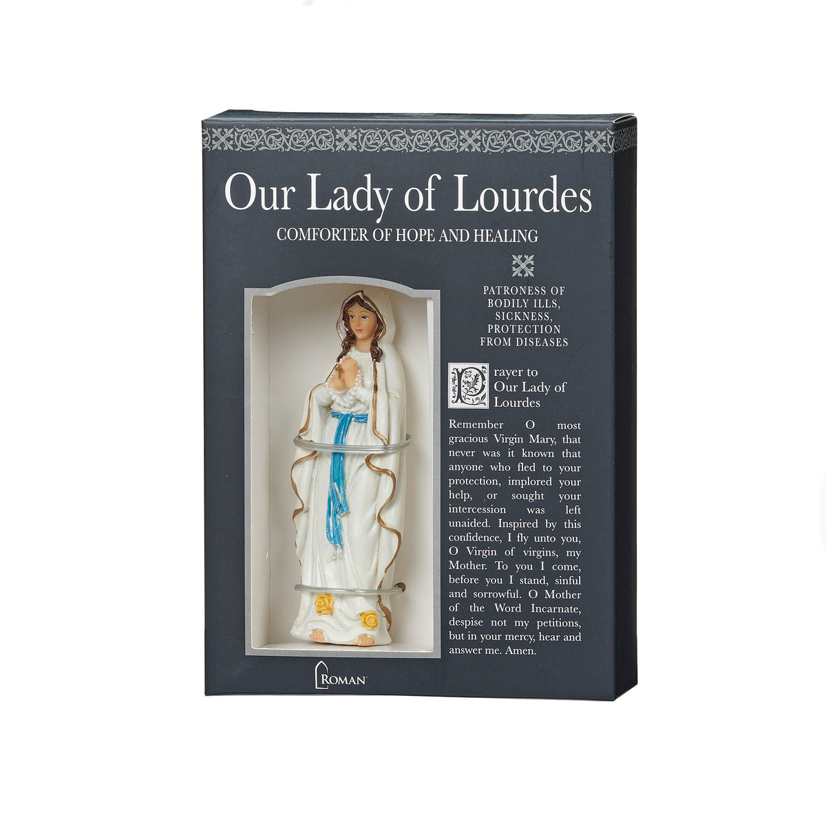 Our Lady of Lourdes Patrons & Protectors figure shown on the front of its black informational gift box