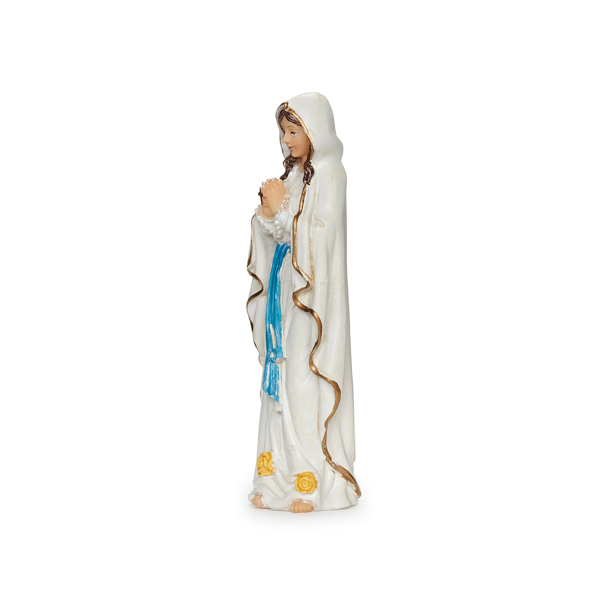 Side view of Our Lady of Lourdes figure showing the flowing white robes, blue sash, and rosary