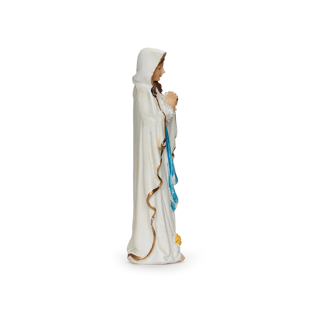 Opposite side view of Our Lady of Lourdes figure showing the prayerful pose and detailed white robes