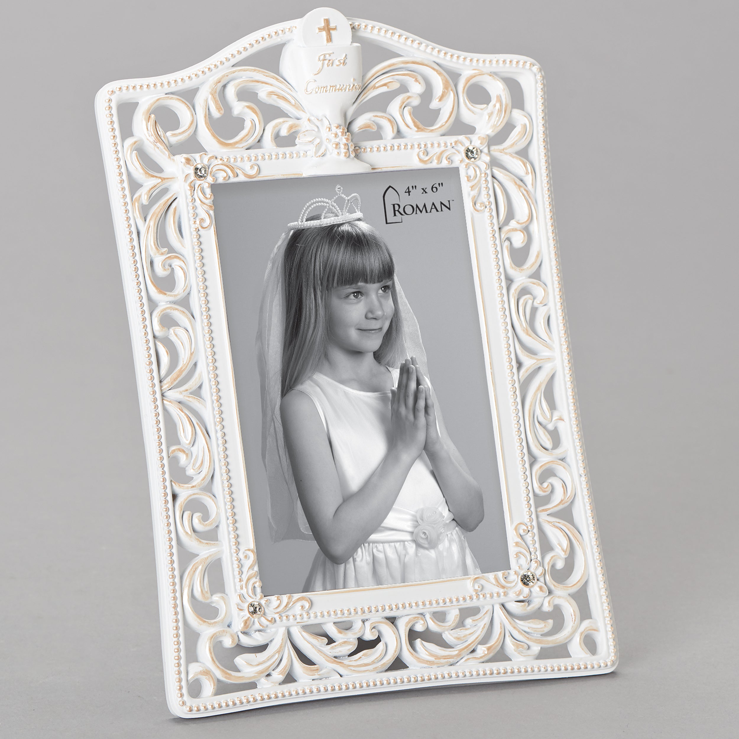 White & Gold Scroll First Communion Photo Frame