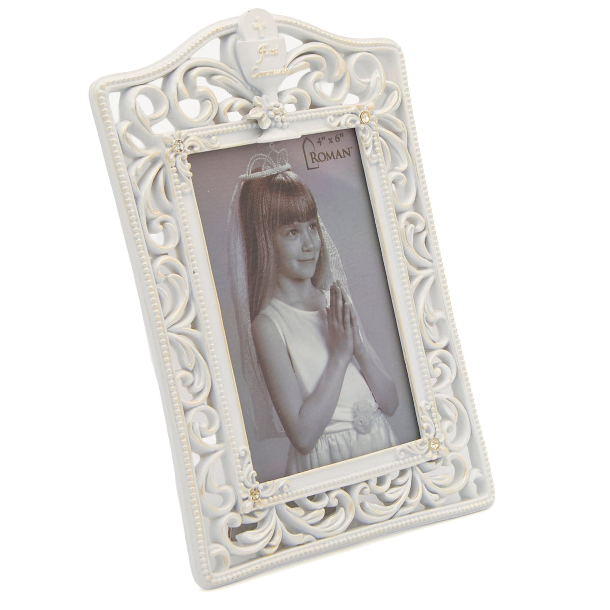 Front angled view of White and Gold Scroll First Communion Picture Frame showing the decorative white frame, gold scroll accents, and photo opening