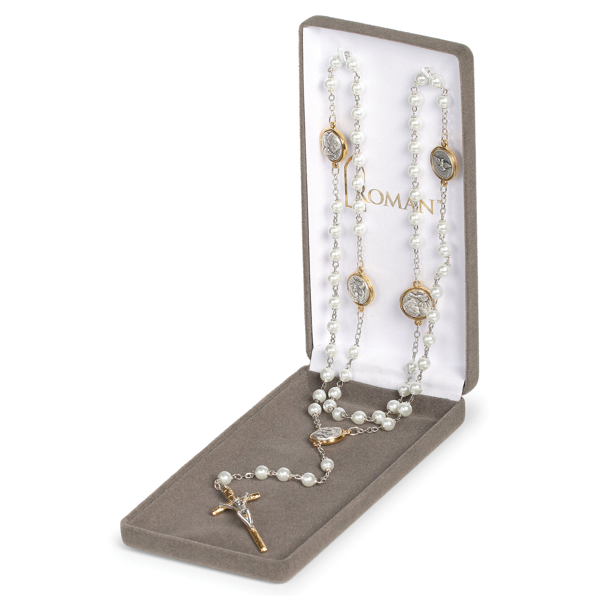 Holy Family Rosary displayed in an open gift box with glass beads and crucifix visible