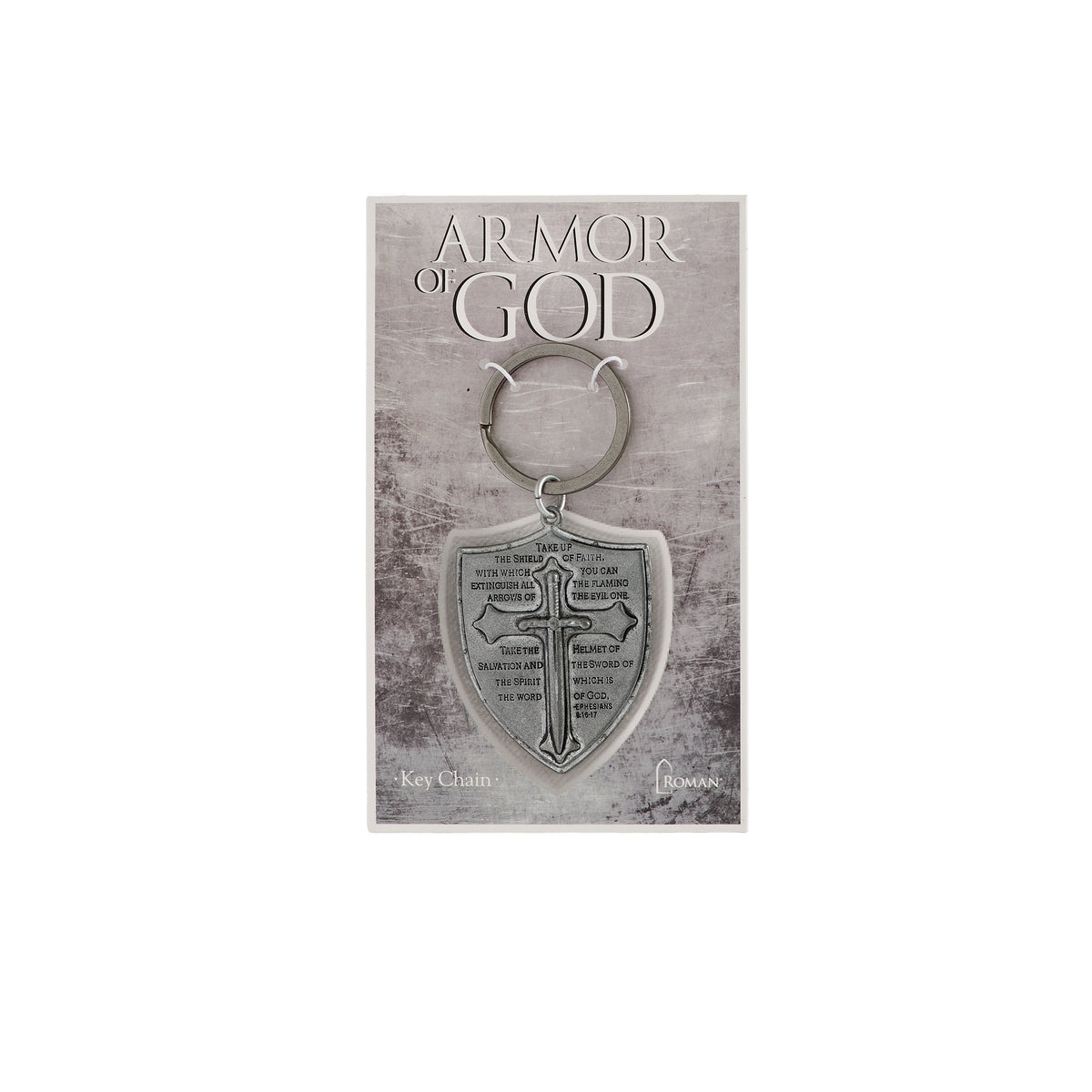 Armor of God shield keychain mounted on a display card labeled “Armor of God.”