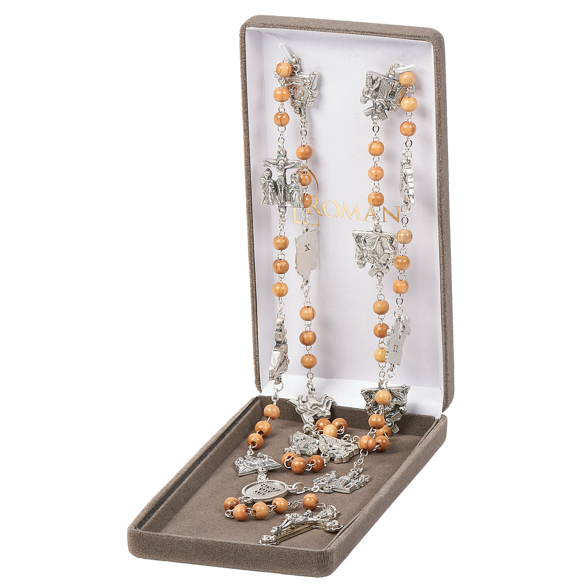 Lenten Journey Rosary displayed in an open gift box with orange and white beads and silver-tone crucifix visible