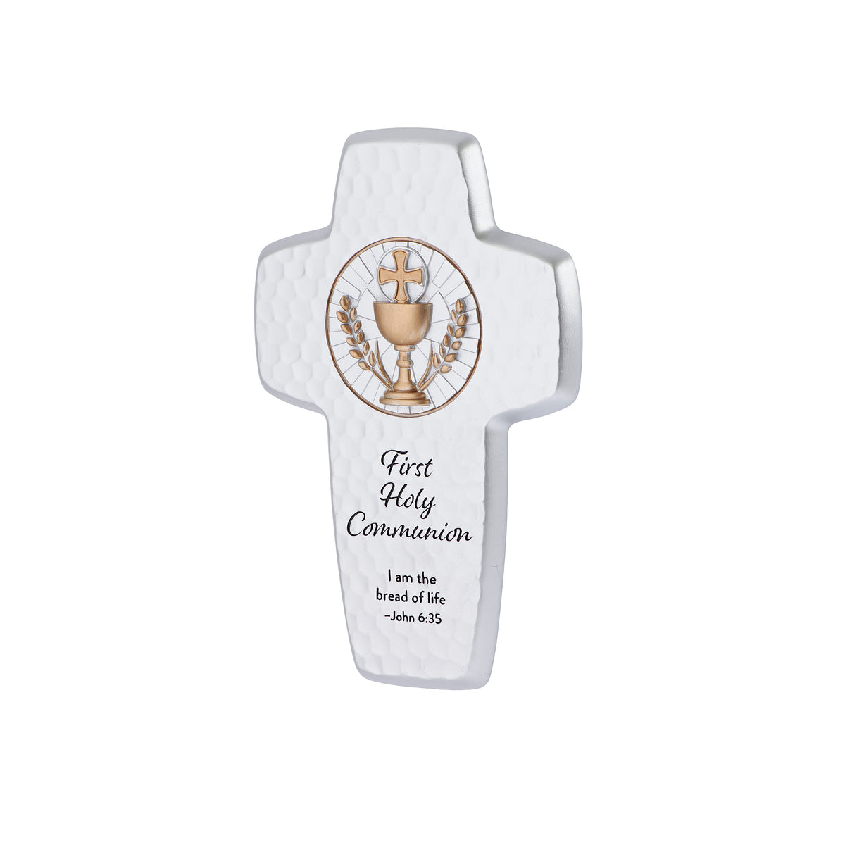 Front view of Bread of Life First Communion Wall Cross showing the gold chalice emblem, hammered texture, and Scripture inscription