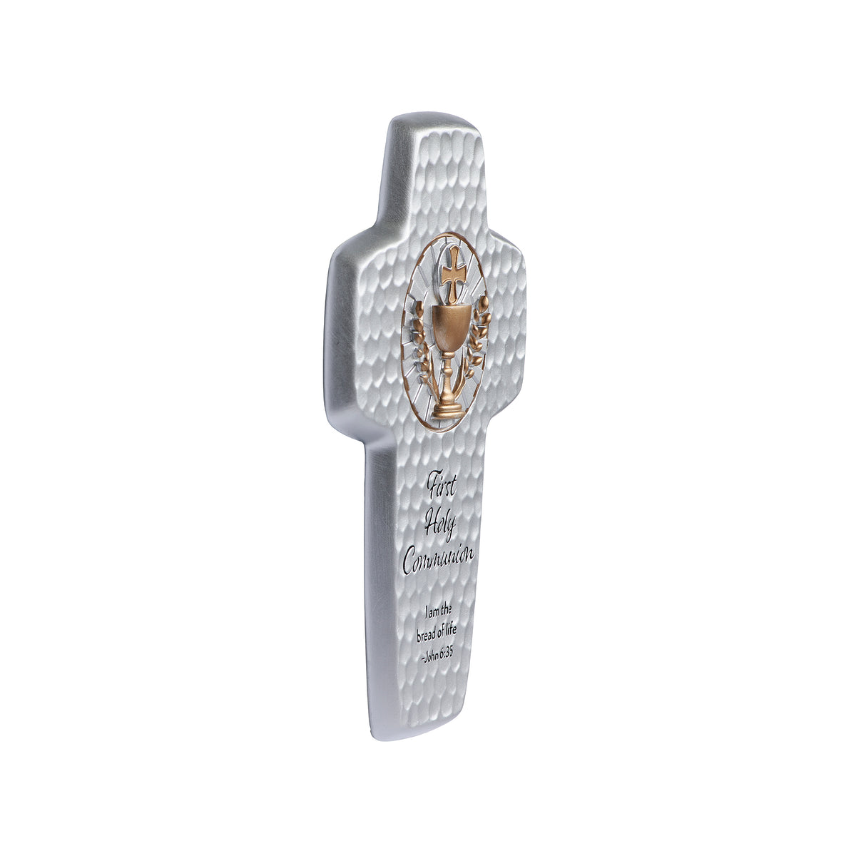 Side angled view of Bread of Life First Communion Wall Cross showing the raised chalice emblem, textured surface, and narrow profile