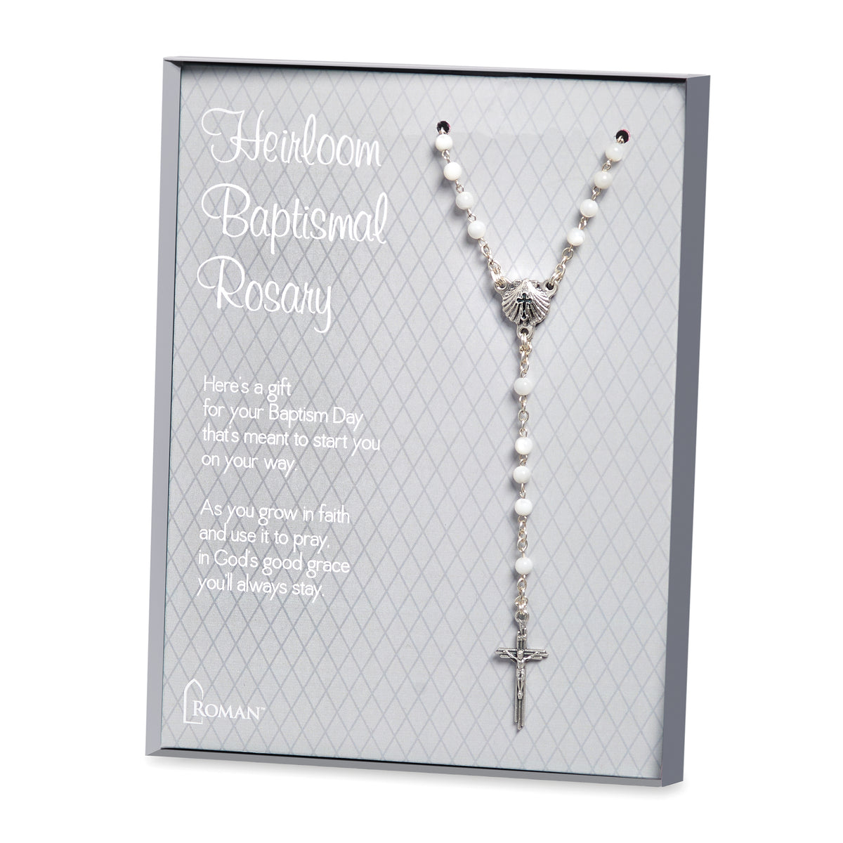 Heirloom Baptismal Rosary displayed in its gift packaging with white beads and silver-tone crucifix visible