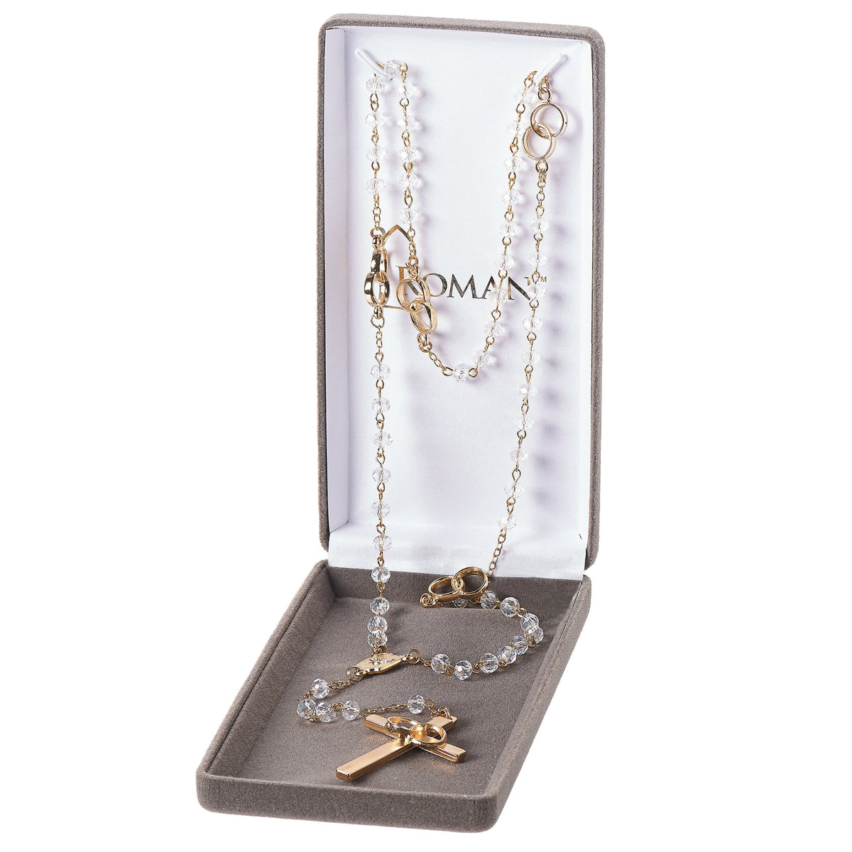 Gold and White Wedding Rosary displayed in an open gift box with white beads, gold-tone chain, and gold cross visible