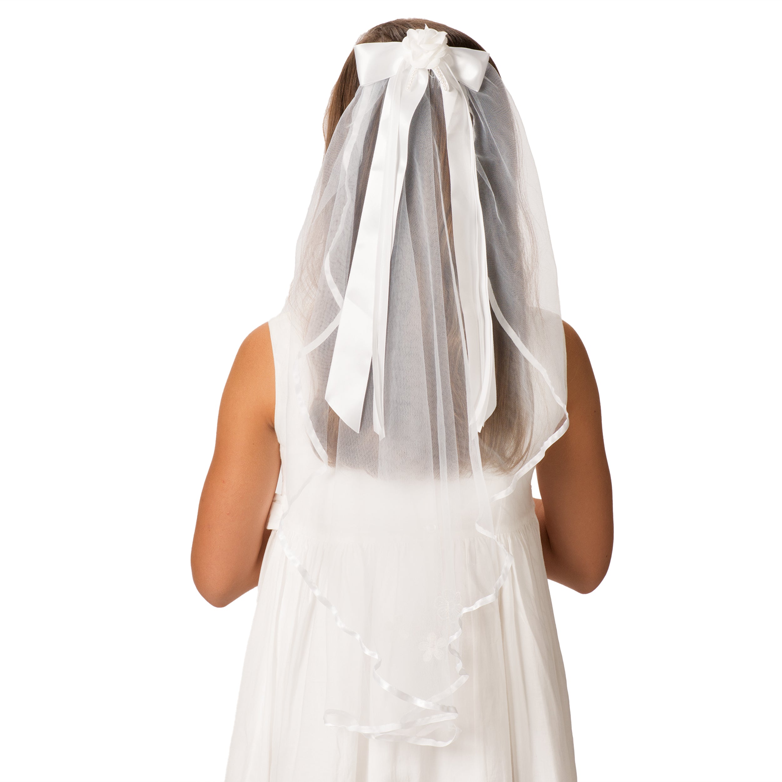 Charlotte First Communion Veil with Satin Bow & Floral Accents