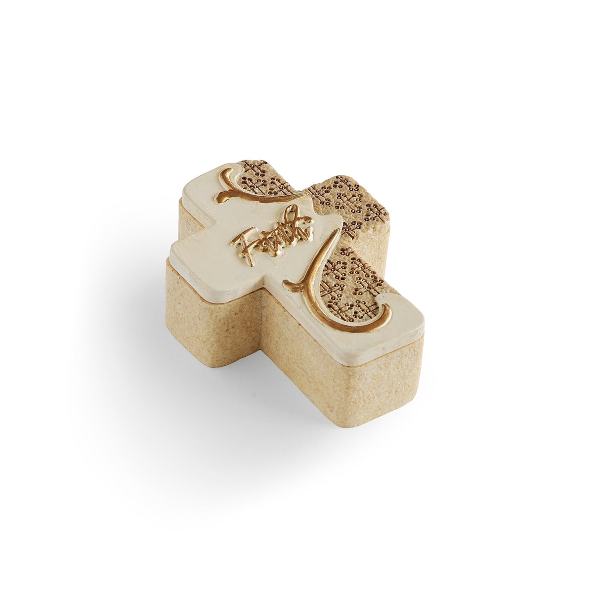 Closed Faith keepsake box showing its decorated cross-shaped lid and textured tan sides.