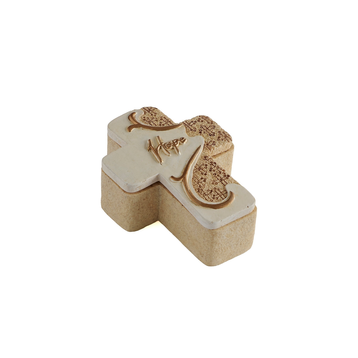Closed Hope keepsake box showing its decorated cross-shaped lid and textured tan sides.