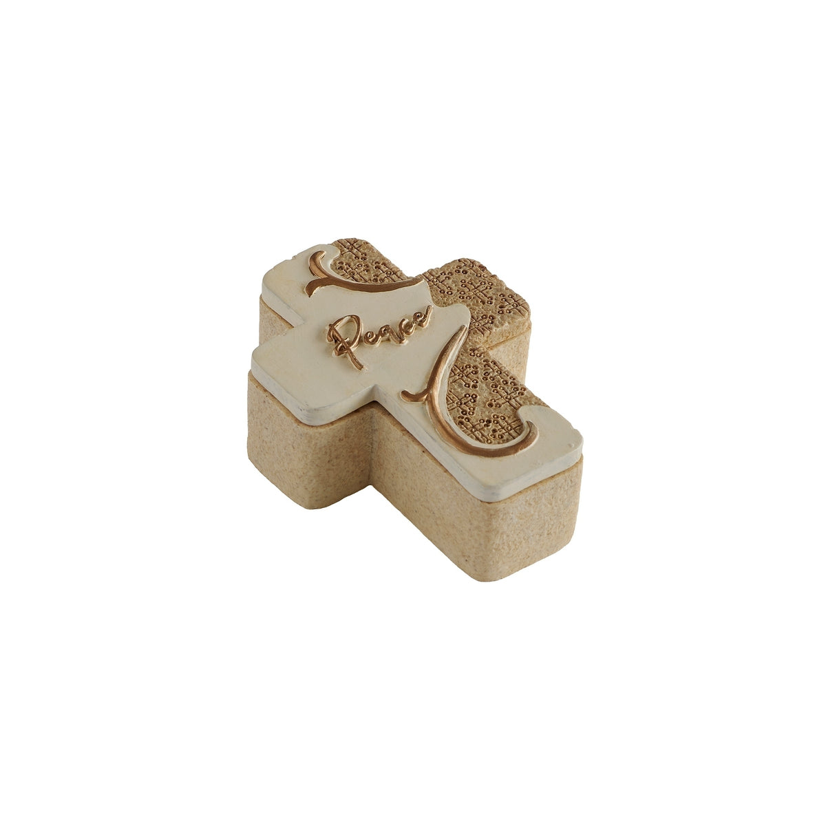 Closed Peace keepsake box showing its decorated cross-shaped lid and textured tan sides.
