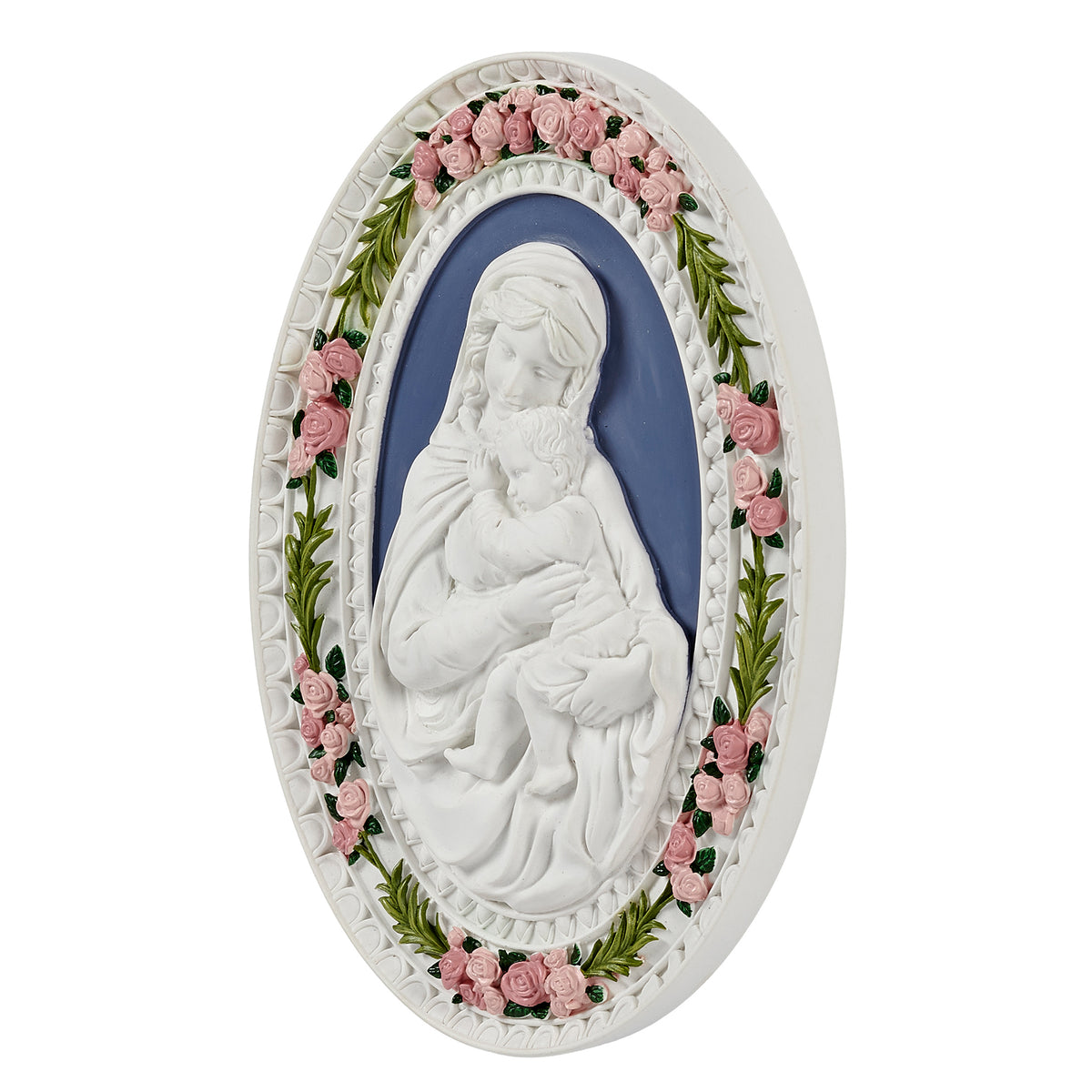 Front angled view of Madonna & Child Plaque showing the raised Marian relief, blue background, and hand-painted floral accents