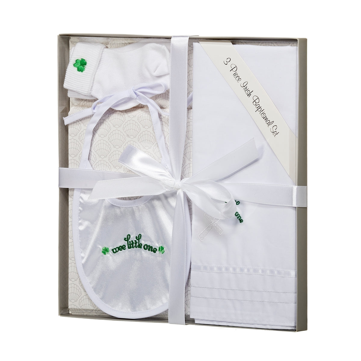 Irish Shamrock Embroidery Baptism Baby Gift Set shown arranged in its presentation box with coordinating white bib, blanket, and socks