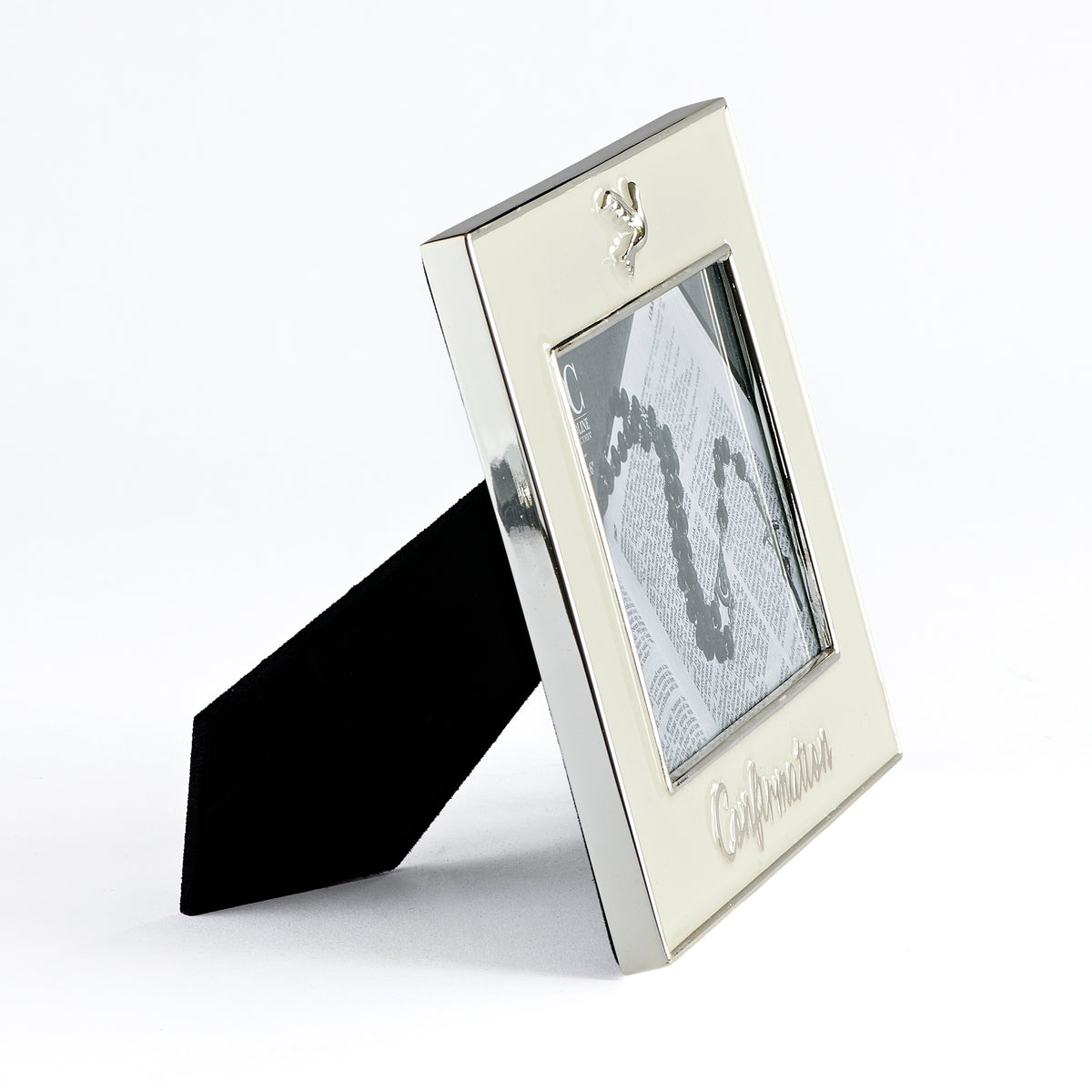 Side view of Caroline Collection Confirmation Picture Frame showing the slim metal frame and black easel stand