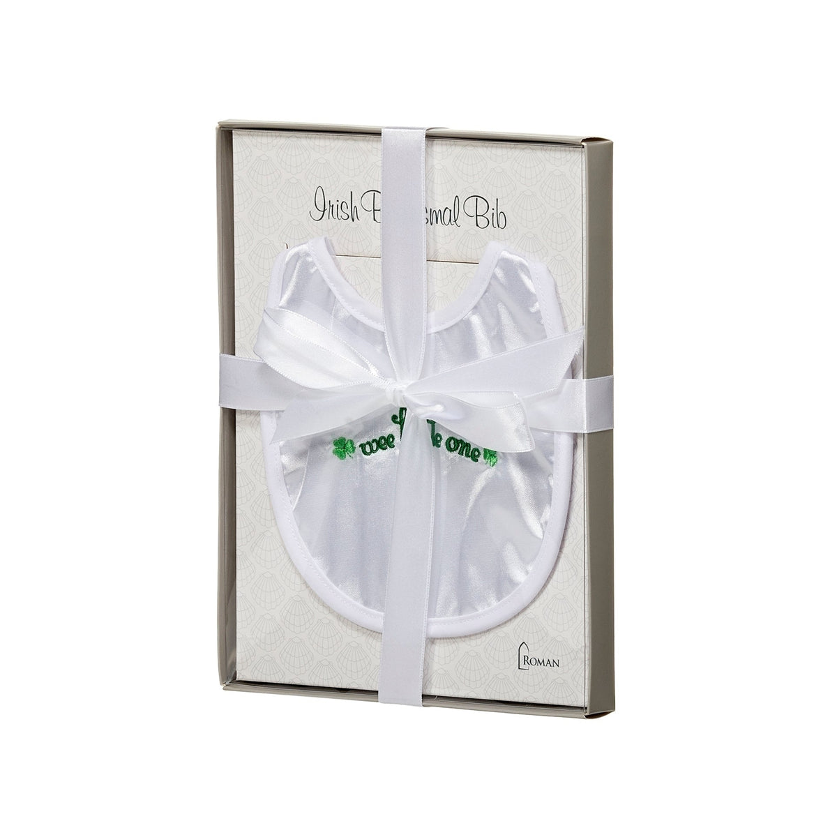 Wee Little One Irish Baptism Bib displayed in presentation packaging with green shamrock embroidery and white ribbon detailing
