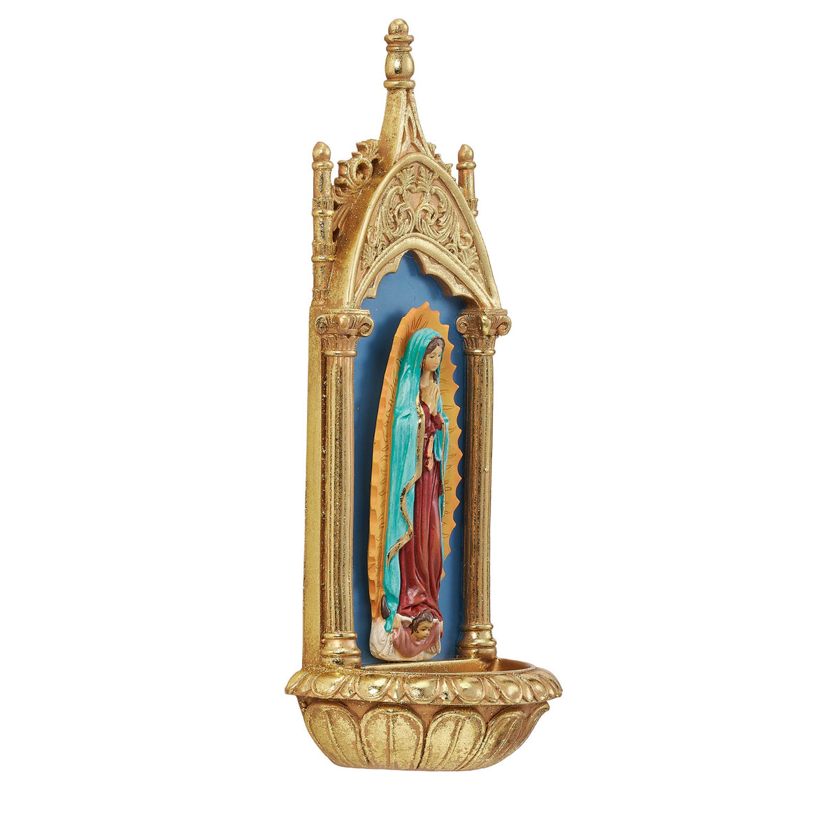 Front view of Our Lady of Guadalupe Water Font highlighting the blue background, gold architectural details, and holy water basin