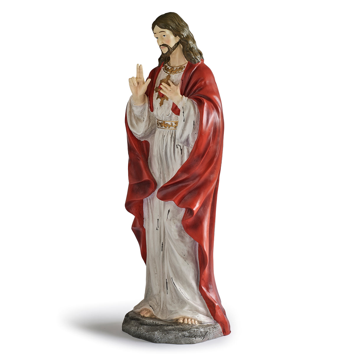 Front angled view of Distressed Sacred Heart of Jesus Figure showing the red cloak, white robe, and Sacred Heart detail
