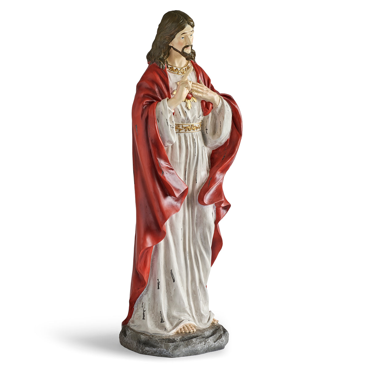Opposite angled view of Distressed Sacred Heart of Jesus Figure showing the Sacred Heart, white robe, and red cloak