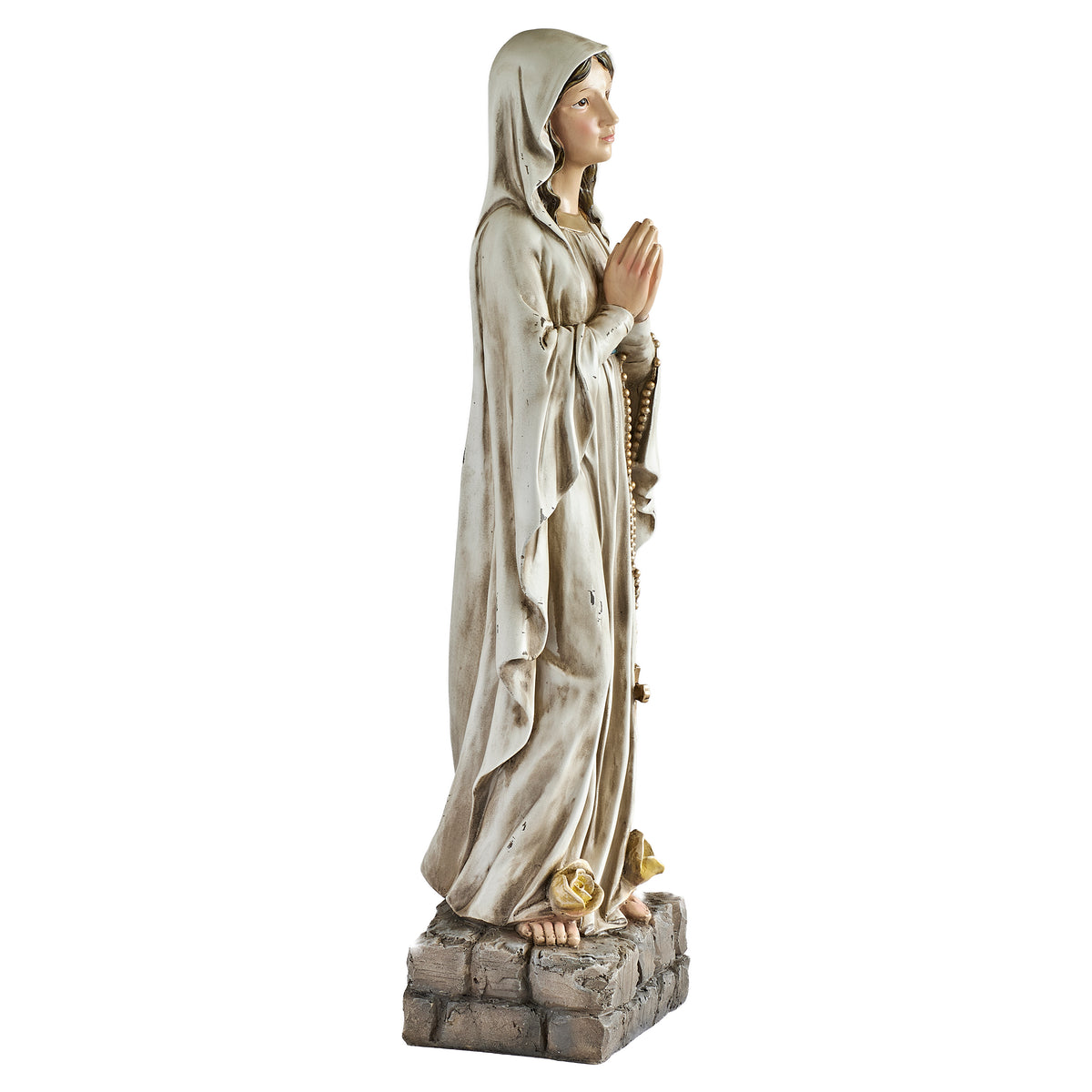 Side view of Distressed Our Lady of Lourdes Figure showing the folded hands, flowing robes, and sculpted pedestal base